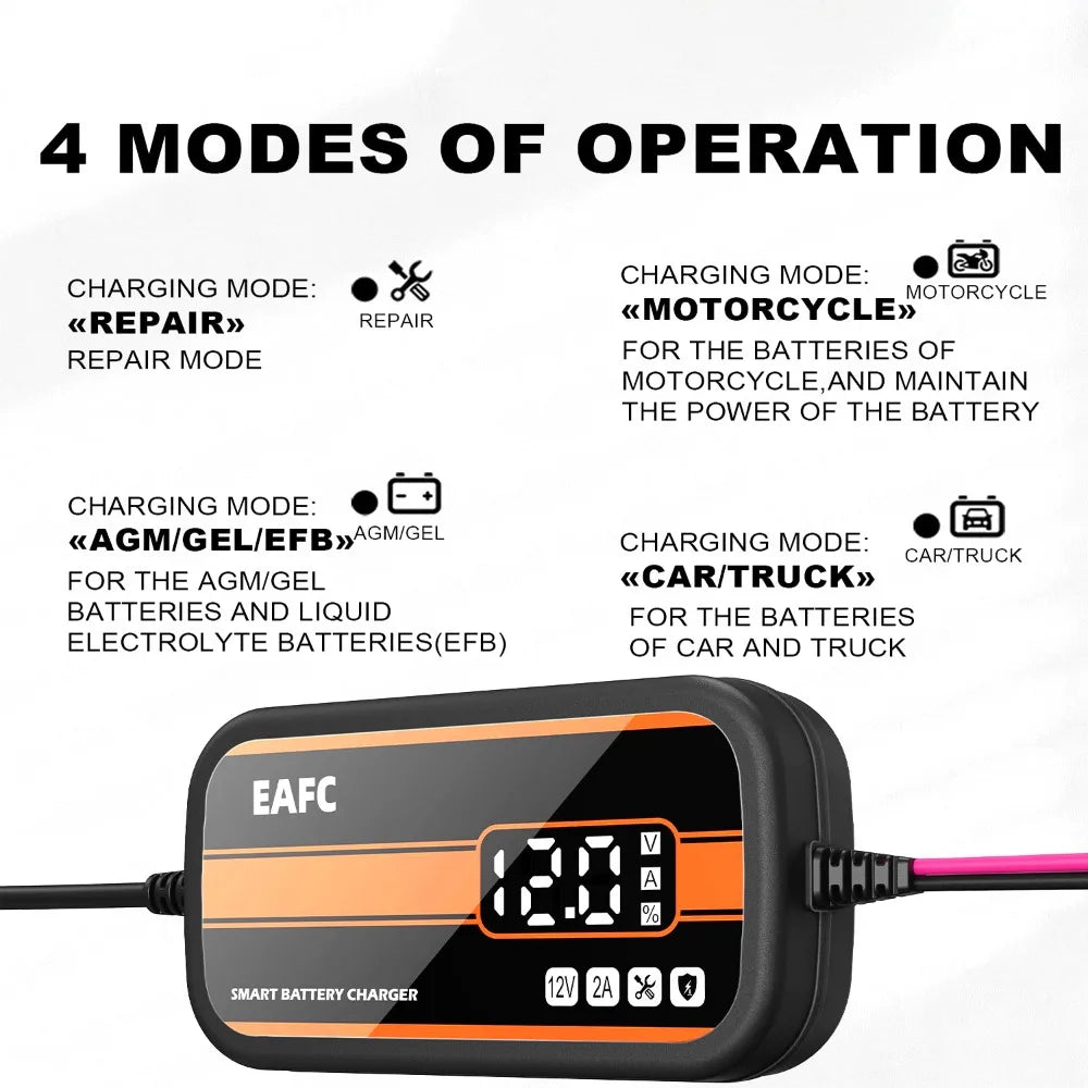 12V Smart Car Battery Charger – Digital Display Lead-Acid Battery Maintainer and Repair Charger for Cars, SUVs, and Motorcycles (2Ah–20Ah)