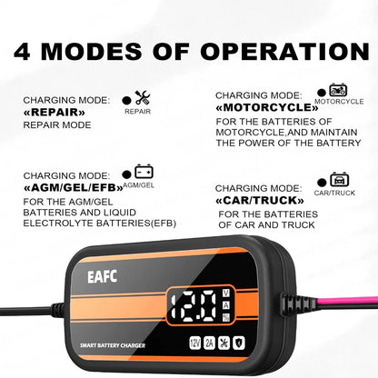 12V Smart Car Battery Charger – Digital Display Lead-Acid Battery Maintainer and Repair Charger for Cars, SUVs, and Motorcycles (2Ah–20Ah)