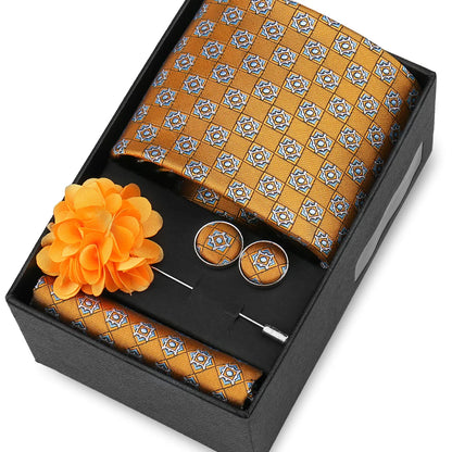 Elegant Men’s Necktie Gift Set - Fashion Tie with Handkerchief, Cufflinks & Brooch Pin Accessories for Business & Wedding