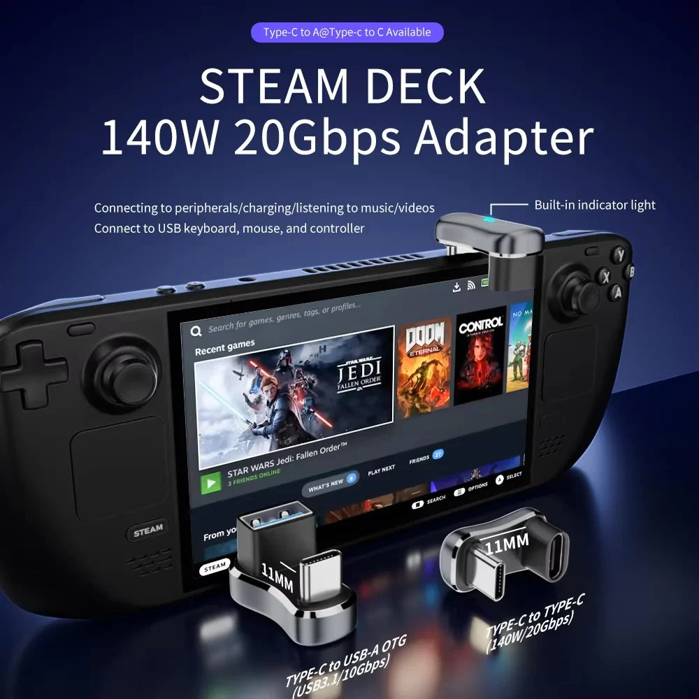 180° USB-C Angle Adapter – 20Gbps Data Transfer, 140W PD Fast Charging Type-C Male to Female Converter for Steam Deck Accessories