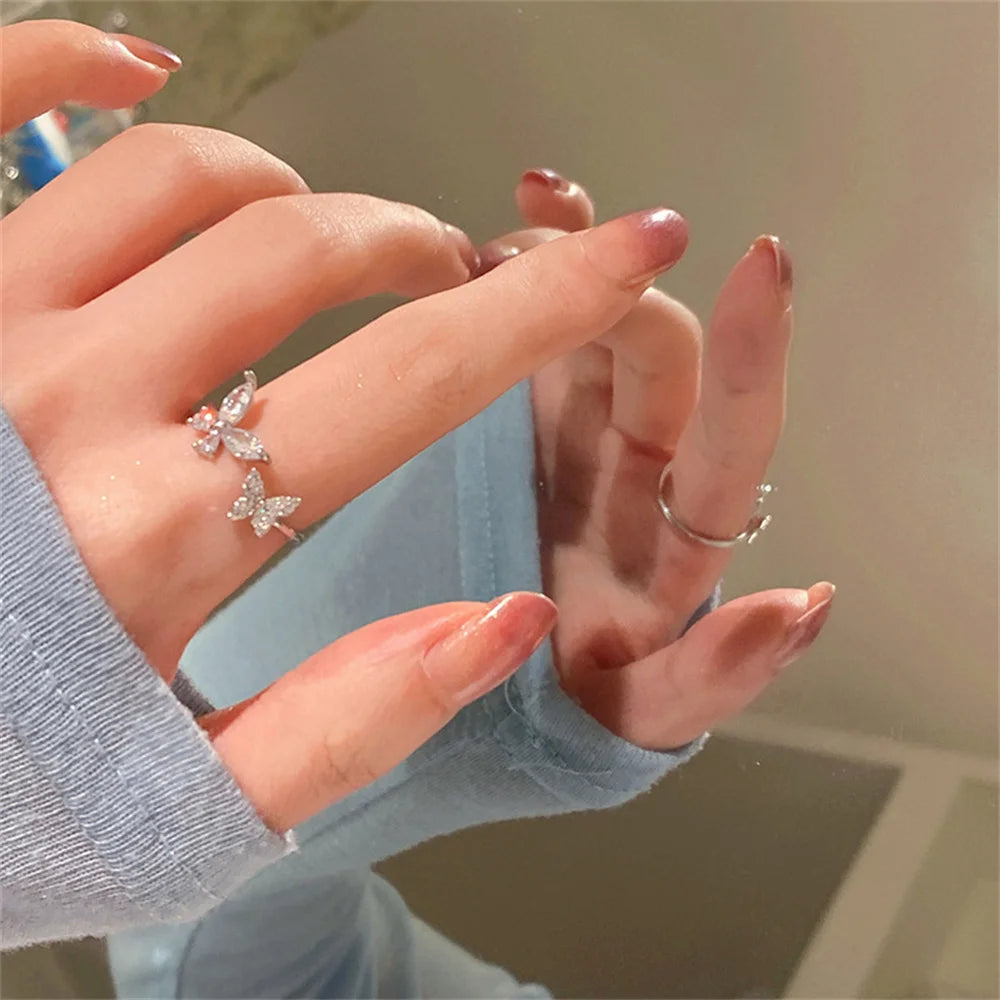 Acrylic Crystal Butterfly Ring - Adjustable Silver-Tone Zircon Fashion Ring for Women, K-Pop Party Jewelry