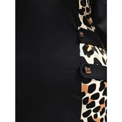 Plus Size Women’s Summer Leopard Patchwork Bodycon Dress – Long Sleeve Round Neck Fashion Dress