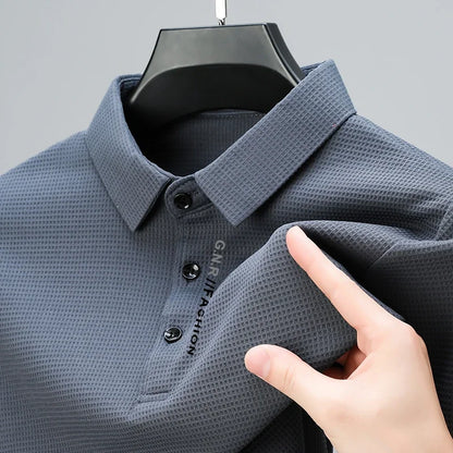 Men's Waffle Long Sleeve Polo Shirt - Letter Print Casual Lapel Top