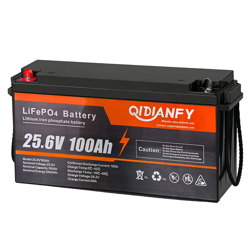 Qidianfy 25.6V 100Ah/200Ah LiFePO4 Battery - 100A Built-In BMS Deep Cycle Power for RV, Solar, Marine & Off-Grid Backup