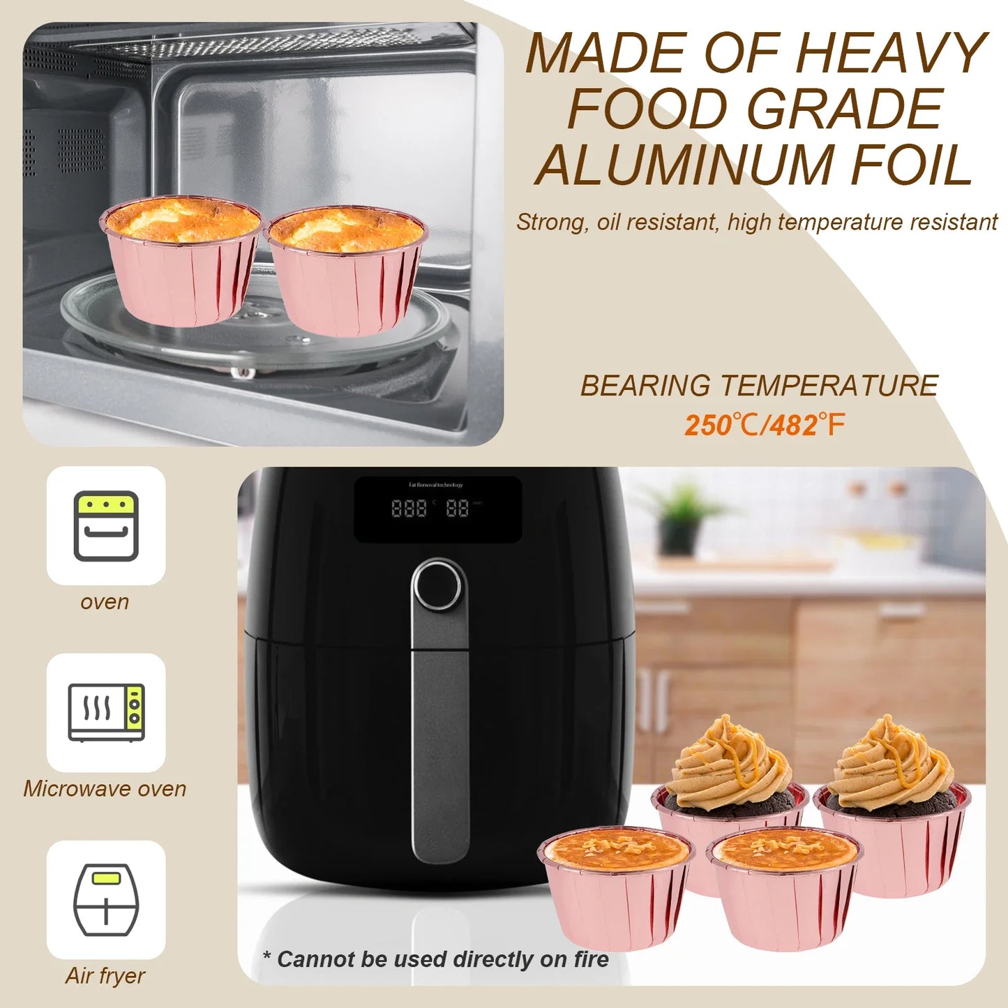 50Pc Foil Cupcake Liners with Lids - Heat Resistant 5.5oz Aluminum Cake Cups - Round Foil Baking Cups for Kitchen Wedding Party Supplies