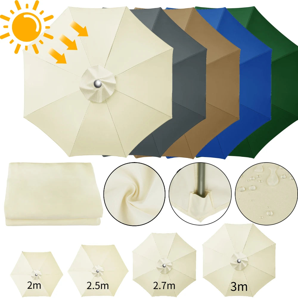 Universal Replacement Patio Umbrella Canopy – Waterproof Sunshade Cover for Garden Parasol (2m/2.5m/2.7m/3m, 6 & 8 Ribs)