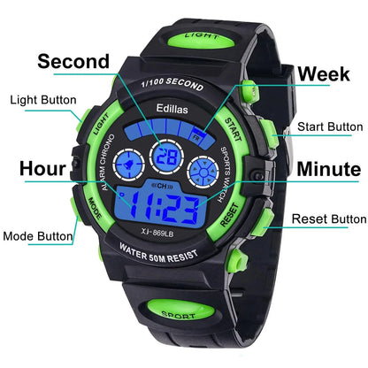 Socico Digital Watch for Kids - Color LED Sports Wristwatch with Alarm Clock and Waterproof Design for Boys and Girls
