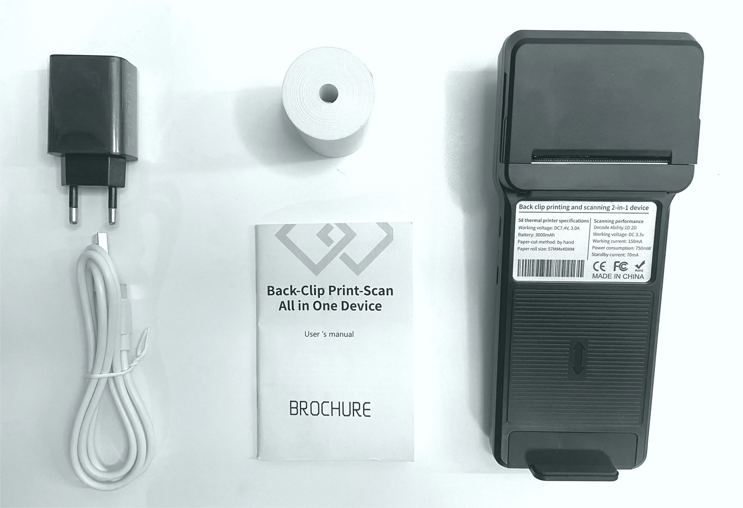 58mm Thermal Printer & 2D Bluetooth Scanner - 2-in-1 Mobile Back Clip with 7.4V 3000mAh Battery