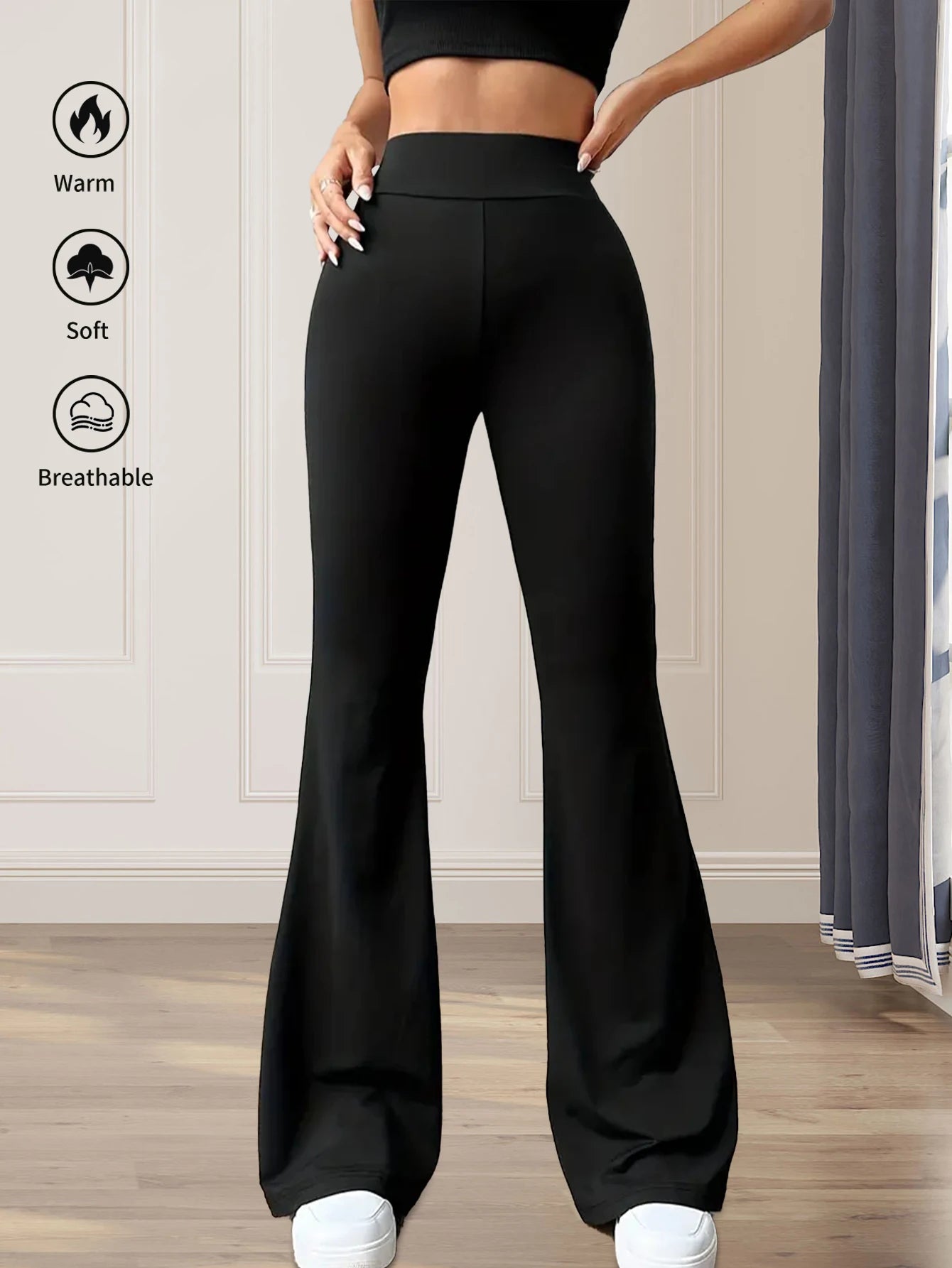 Women's High-Waisted Flared Pants - Slim-Fit Lightweight Wide-Leg Black Trousers