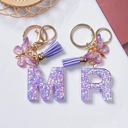 A-Z Initial Letter Sequin Keychain - Purple Butterfly Tassel Resin Keyring Backpack Charm Gift