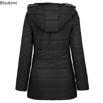 2025 Women’s Winter Parka – Hooded Solid Zipper Midi Coat with Pockets, Slim Fit Long Sleeve Warm Casual Jacket
