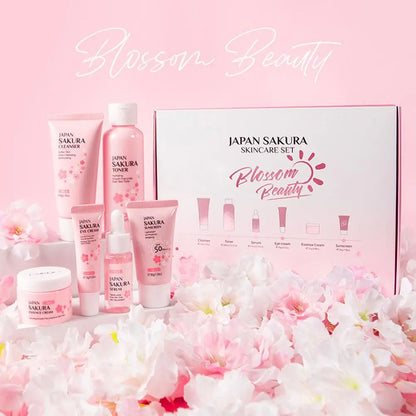 6PCS Sakura Skincare Set – Face Cream, Serum, Toner, Cleanser, Sunscreen & Eye Cream in Gift Box