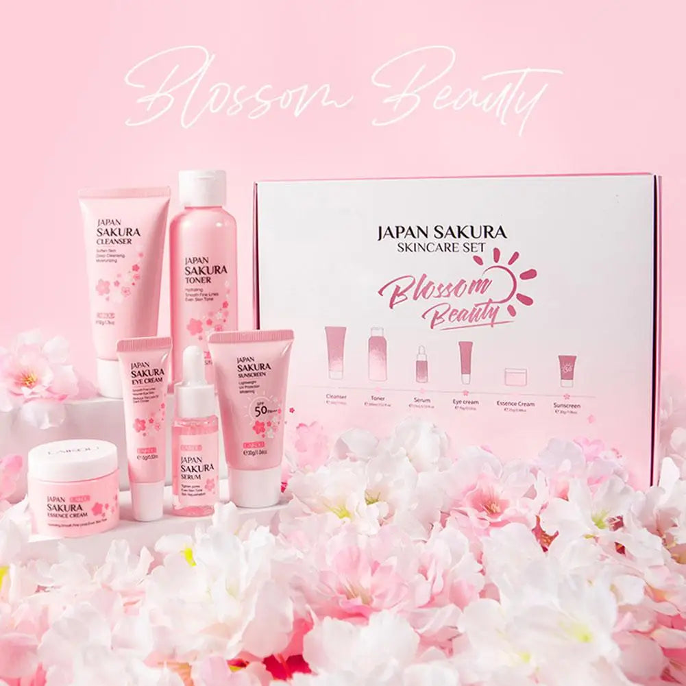 6pcs Sakura Skin Care Set – Face Cream, Serum, Toner, Cleanser, Sunscreen & Eye Cream, Complete Facial Care Gift Box