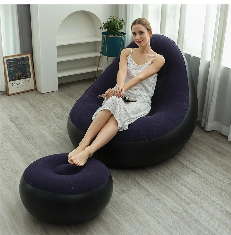 Inflatable Lazy Sofa Chair - PVC Flocking Foldable Lounge Recliner Chair for Home & Outdoor Relaxation
