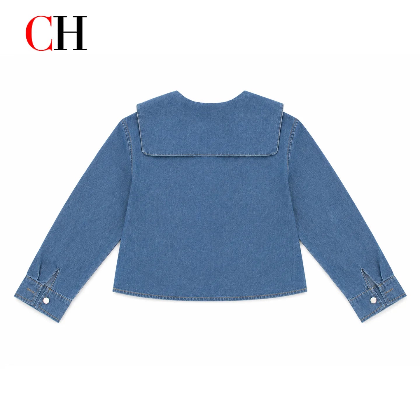 Women’s Sailor Lapel Cropped Denim Shirt - Wide Fit Embroidered Long Sleeve Casual Office Top