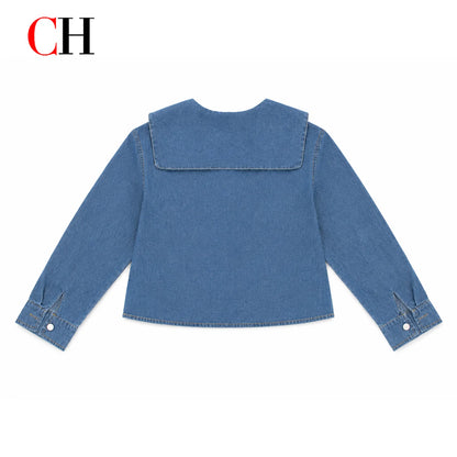Women’s Sailor Lapel Cropped Denim Shirt - Wide Fit Embroidered Long Sleeve Casual Office Top