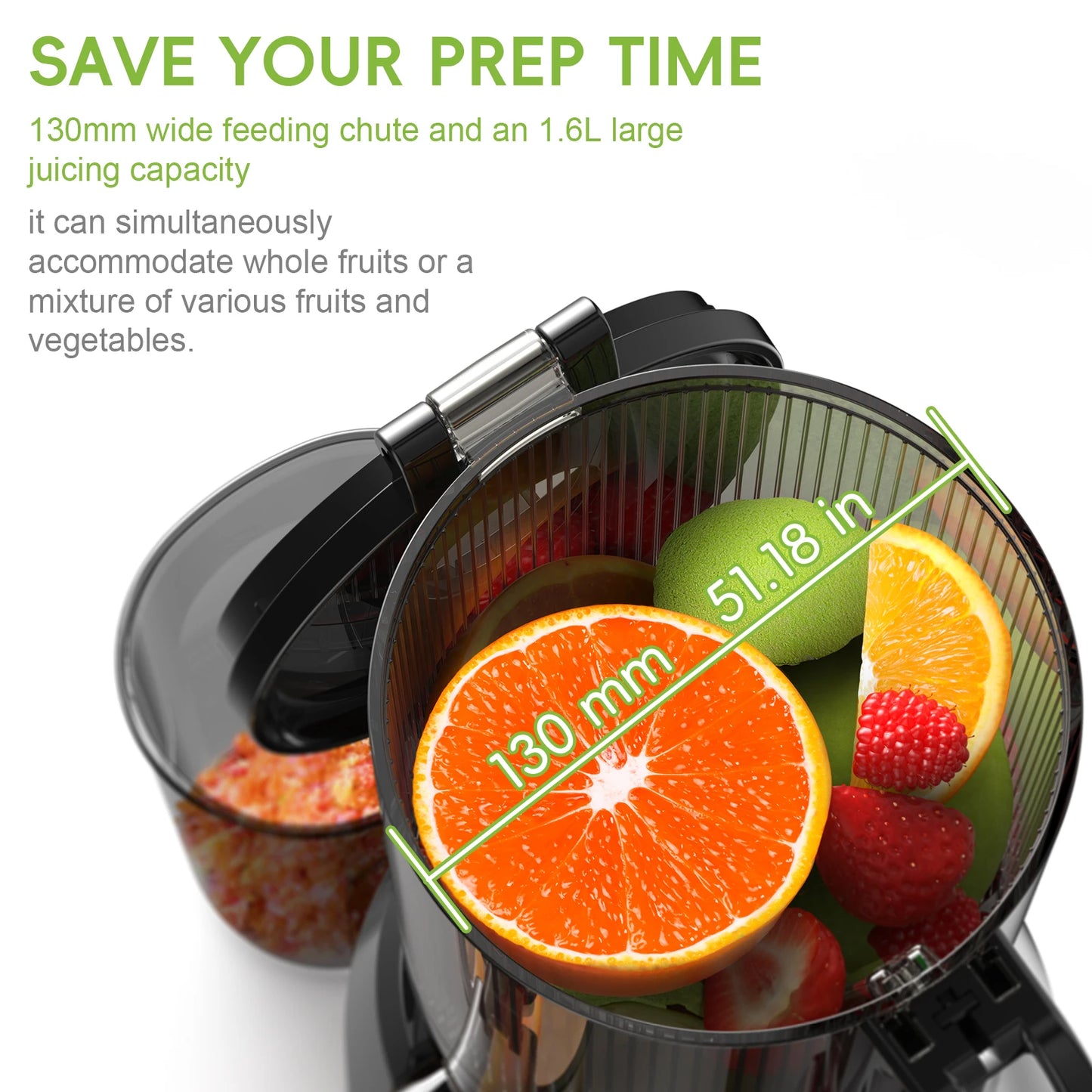BioloMix Cold Press Juicer — 130mm Feed Chute, Whole Fruit & Vegetable Slow Masticating Juicer, High Yield BPA-Free