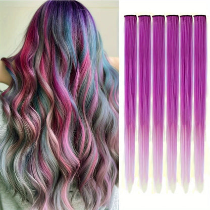 22-Inch Colored Clip-In Hair Extensions – 6pcs Straight Synthetic Party Highlight Hairpieces
