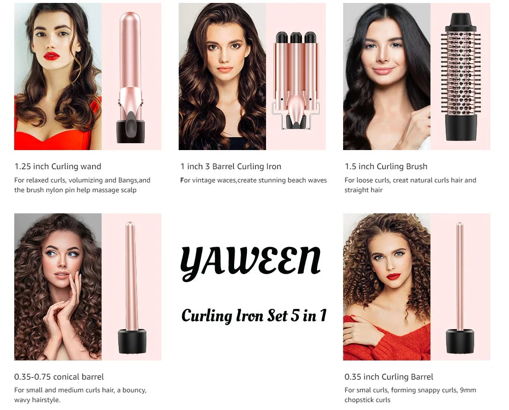 5 in 1 Hair Curler Wand Set with Curling Brush – 0.35” to 1.25” Curling Iron, Heat Resistant Glove & Hair Clips
