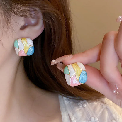 Colorful Square Patchwork Stud Earrings – Romantic Ear Jewelry for Women Christmas Gift