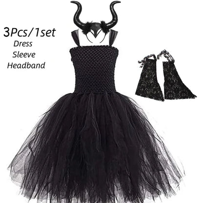 Girls’ Evil Queen Tutu Dress - Handmade Black Mesh Princess Halloween Cosplay Costume