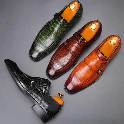 Men’s Crocodile Grain Leather Brogue Shoes - Luxury Buckle Dress Shoes for Business, Wedding and Party Wear