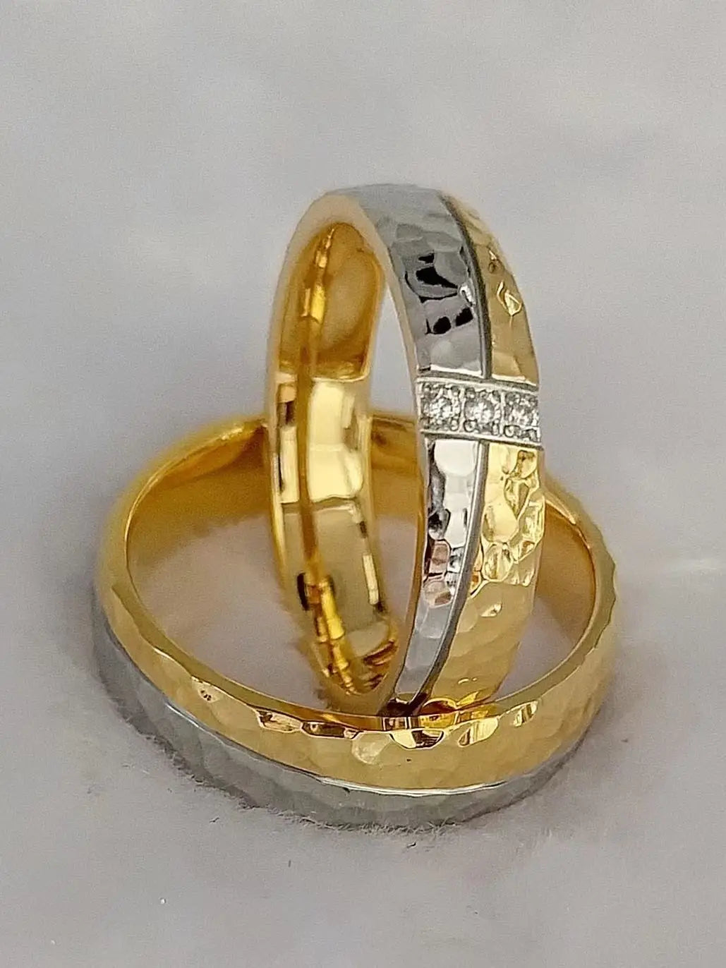 Hammered Couple Wedding Rings - 14K Gold-Plated Titanium Rings for Men & Women