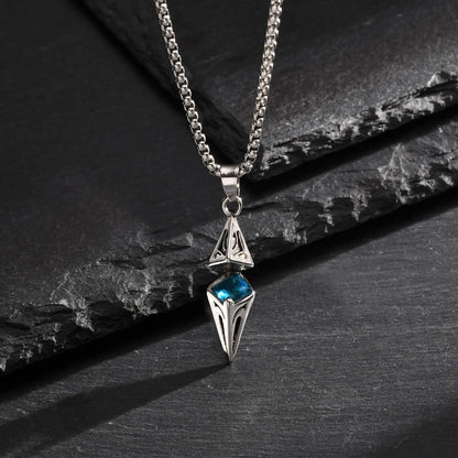 Stylish Blue Stone Necklace – Geometric Stainless Steel Pendant for Men & Women, Perfect Valentine's & Birthday Gift