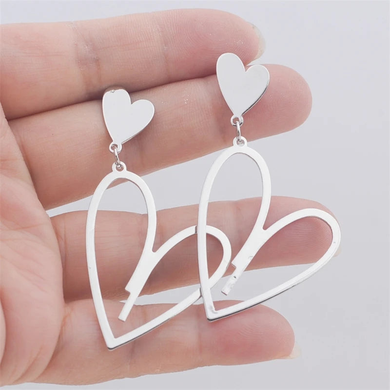 2024 Trendy Heart Dangle Earrings — Double-Layer Love Pendants for Women, Bohemian Hanging Ear Jewelry