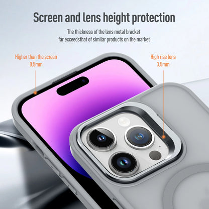 Magnetic Metal Lens Stand for iPhone 11–17 – MagSafe Compatible Matte Wireless Charging Case Holder