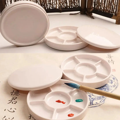 Imitation Porcelain Round Paint Palette with Lid – White Acrylic & Watercolor Tray for Artists