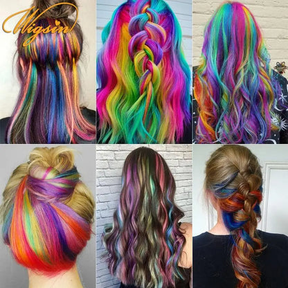 WIGSIN Synthetic Long Straight Rainbow Hair Extension – Colorful Purple Red Blue Hairpiece for Women