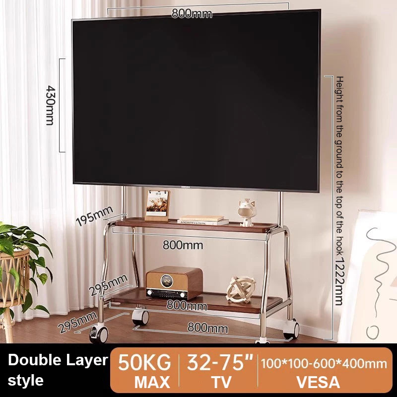 Rolling TV Stand on Wheels – Mobile Cart for 32–75in LCD & LED Flat/Curved TVs, Holds 110lbs, VESA 600x400mm