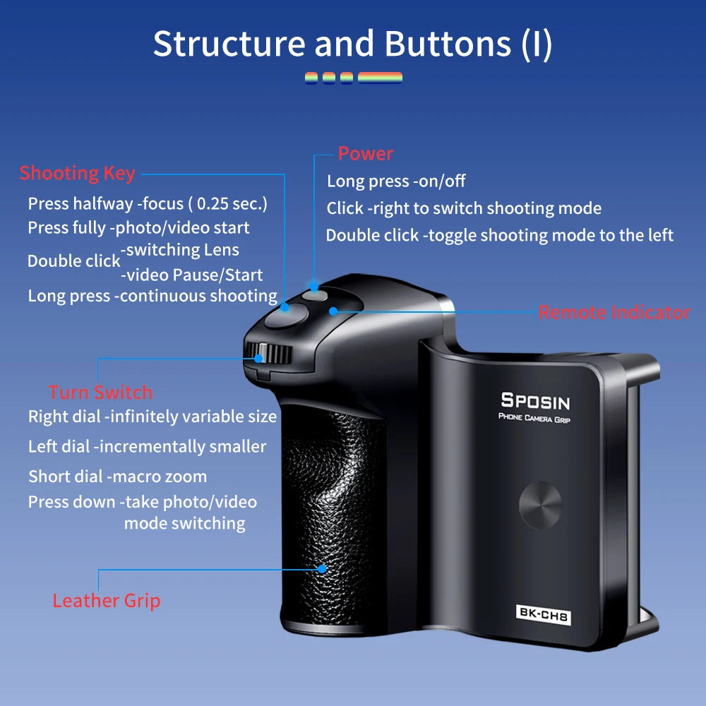 BK-CH8 Stepless Zoom Phone Camera Grip with Bluetooth Remote Shutter for iPhone & Android Selfie Controller Handle Booster Grip