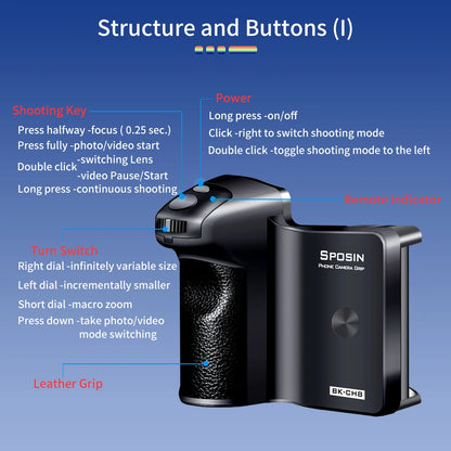 BK-CH8 Stepless Zoom Phone Camera Grip with Bluetooth Remote Shutter for iPhone & Android Selfie Controller Handle Booster Grip