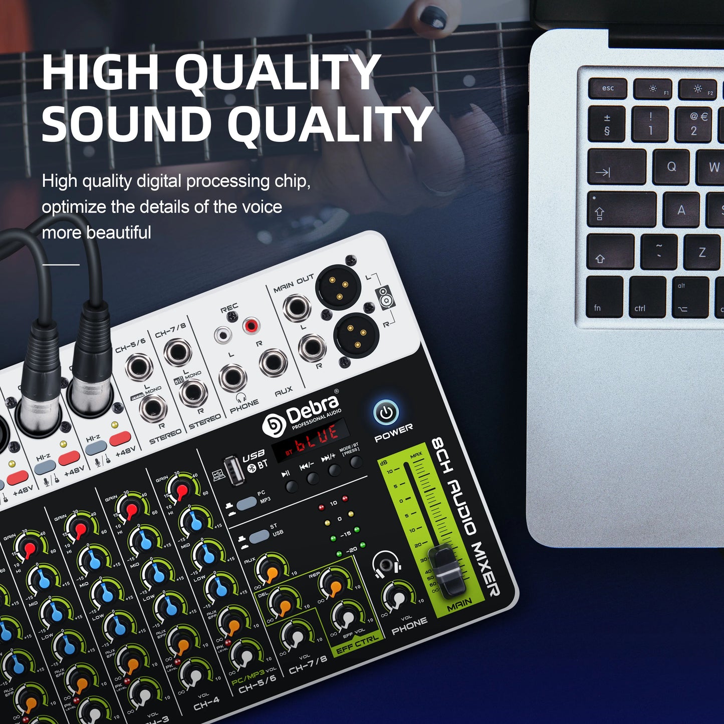 Debra V8 8-Channel Audio Mixer – Bluetooth & USB Mixer with 48V Phantom Power, Delay/Repeat Effects for PC Recording & Sound Console