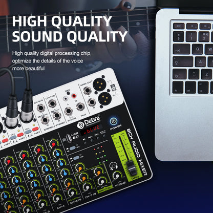 Debra V8 8-Channel Audio Mixer – Bluetooth & USB Mixer with 48V Phantom Power, Delay/Repeat Effects for PC Recording & Sound Console