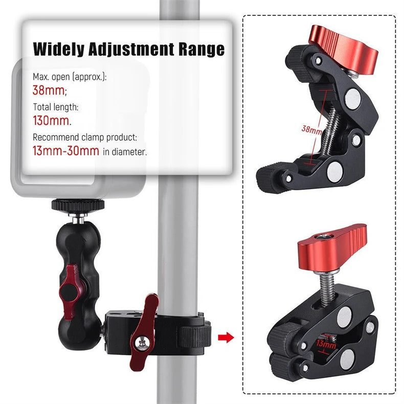 Super Clamp Camera Mount with 360° Ballhead, Double Ball Head Magic Arm Adapter for DSLR, GoPro, LED Lights, and Phone