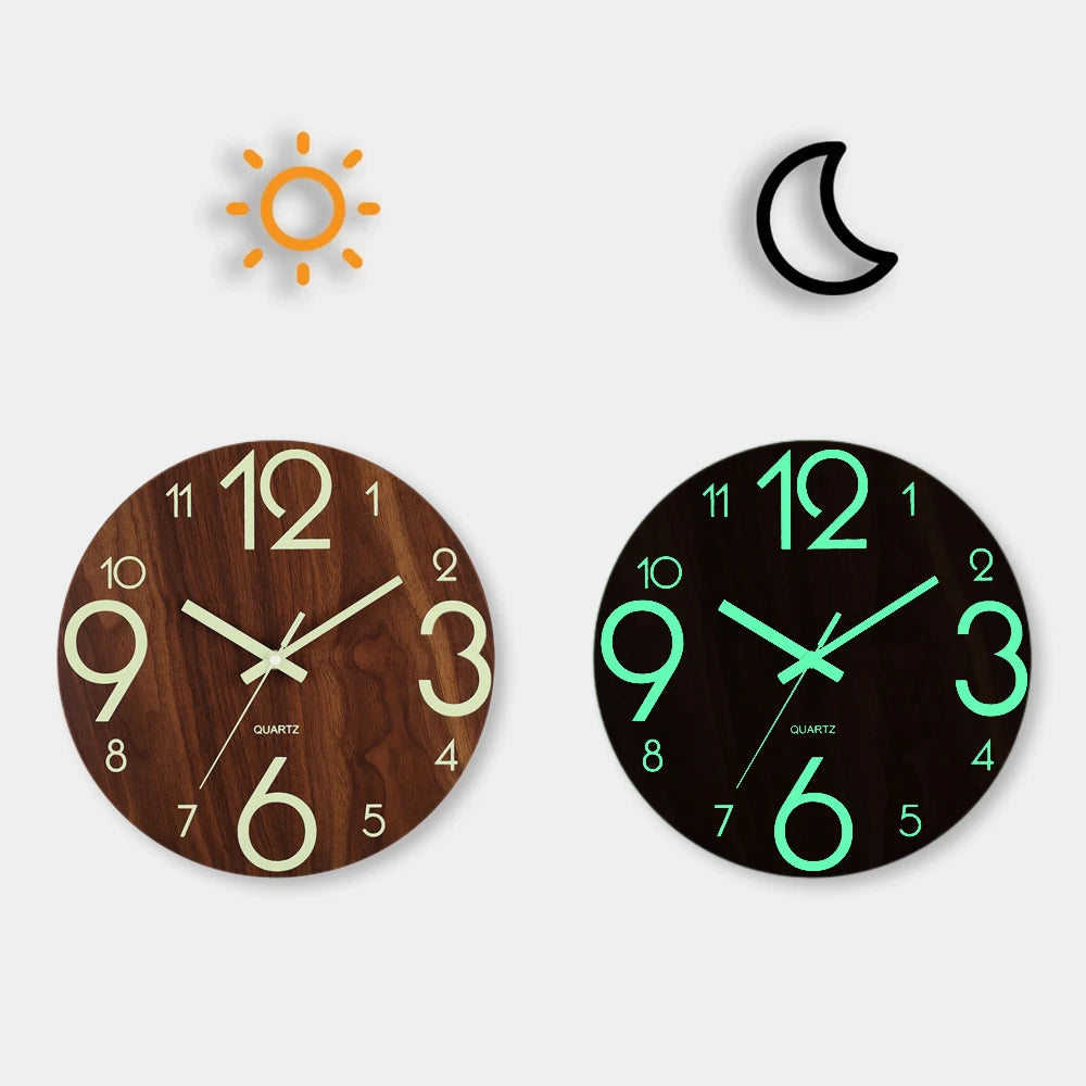 12-Inch Luminous Wall Clock — Nordic Wooden Silent Clock with Night Light, Non-Ticking Design for Dark Room