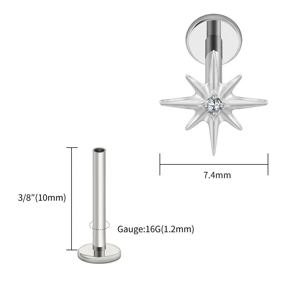 Right Grand ASTM F136 Titanium CZ North Star 16G Flat Back Earring – Tiny Starburst Helix, Cartilage & Earlobe Stud Piercing Jewelry