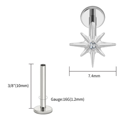 Right Grand ASTM F136 Titanium CZ North Star 16G Flat Back Earring – Tiny Starburst Helix, Cartilage & Earlobe Stud Piercing Jewelry