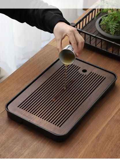 Portable Bamboo Tea Tray – Kung Fu Tea Set Grid Tray with Drainage for Dry & Wet Use
