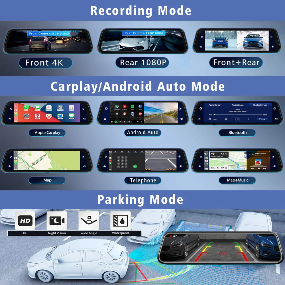 10" 4K Dash Cam Car DVR – 3840x2160P, CarPlay, Android Auto, GPS, 5G WiFi, AUX, Rearview Mirror Dash Camera, FM Recorder