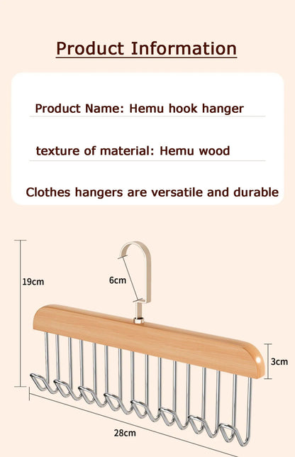 I KNOW 8-Hook Wood Clothes Hanger – High-Quality, Strong, Non-Slip Multi-Function Hanger for Caps, Belts & Household Use