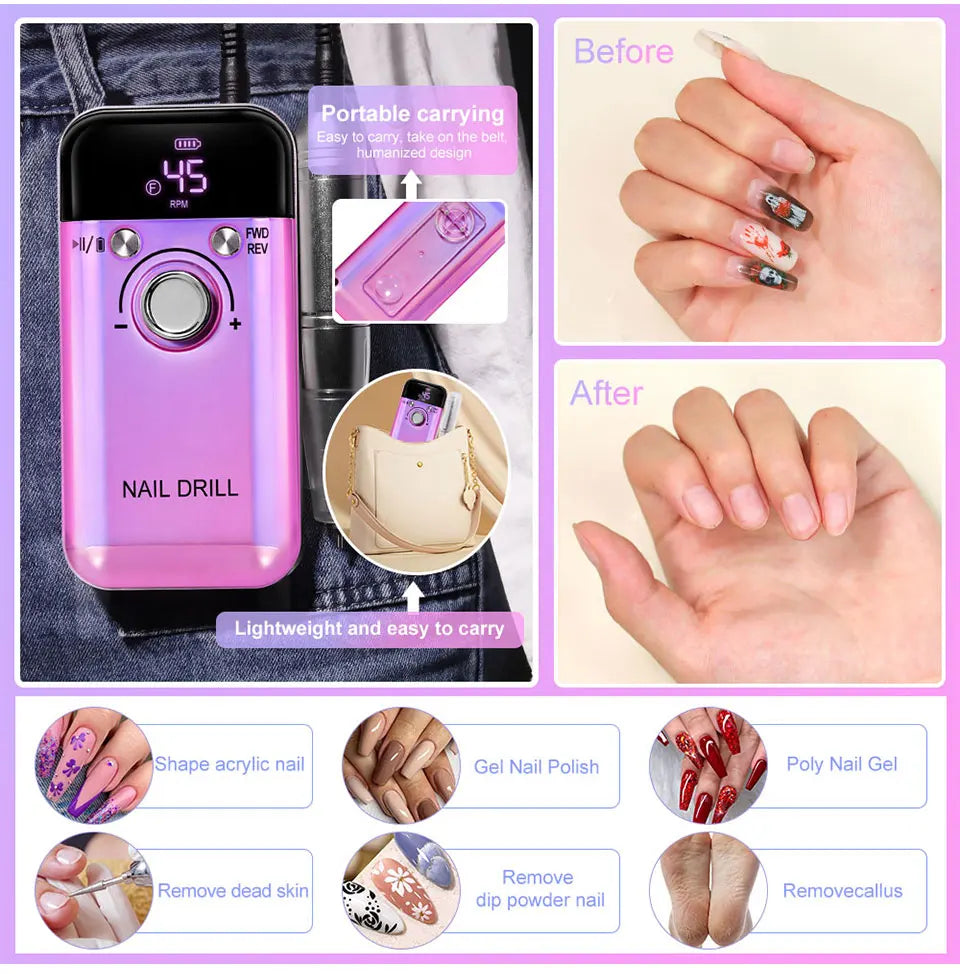 45000RPM Electric Nail Drill – Professional Rechargeable Nail File for Gel Nails, Portable Manicure Tool