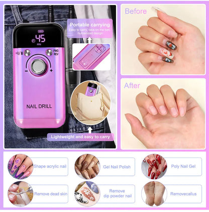 45000RPM Electric Nail Drill – Professional Rechargeable Nail File for Gel Nails, Portable Manicure Tool