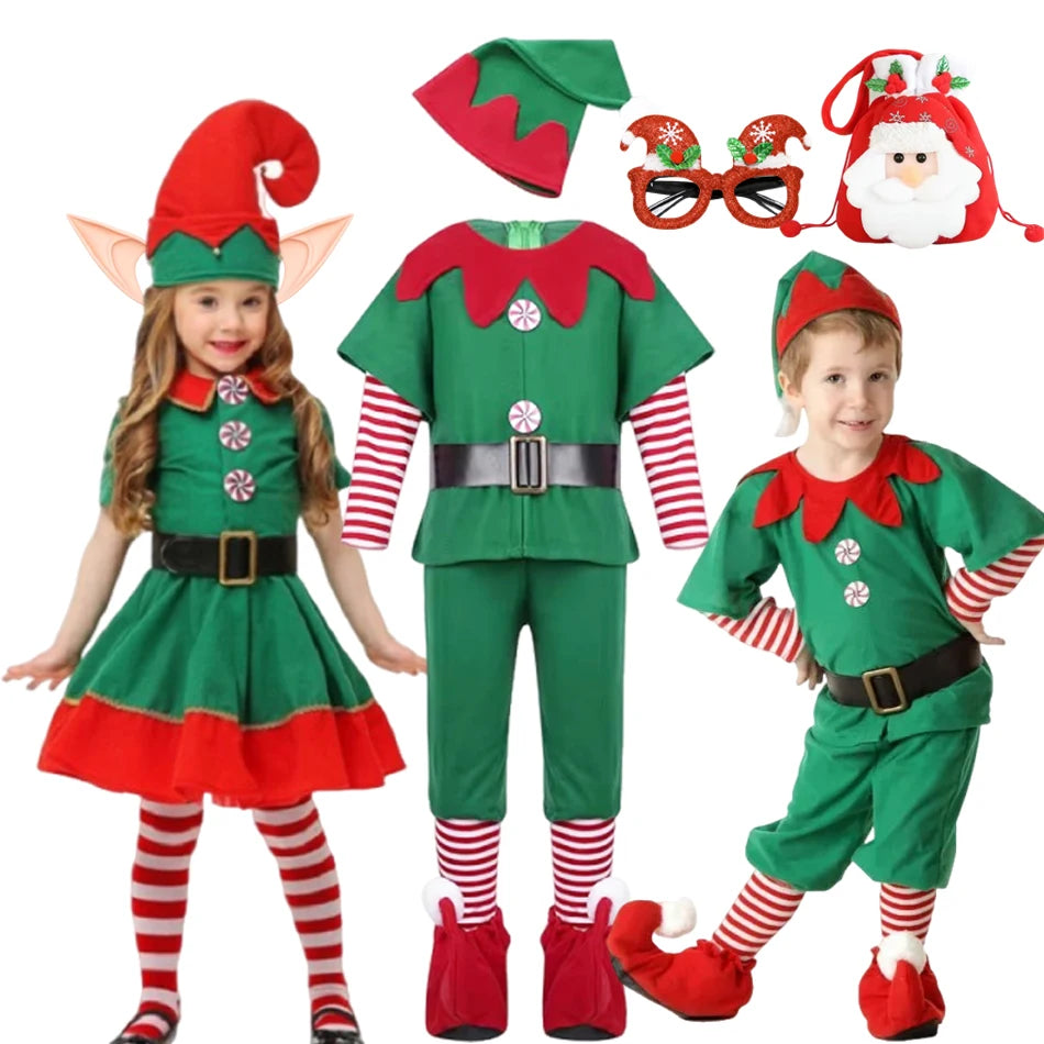 Kids Christmas Elf Costume Set – Green Santa Helper Outfit with Hat for Boys & Girls Holiday Party & Performance Wear