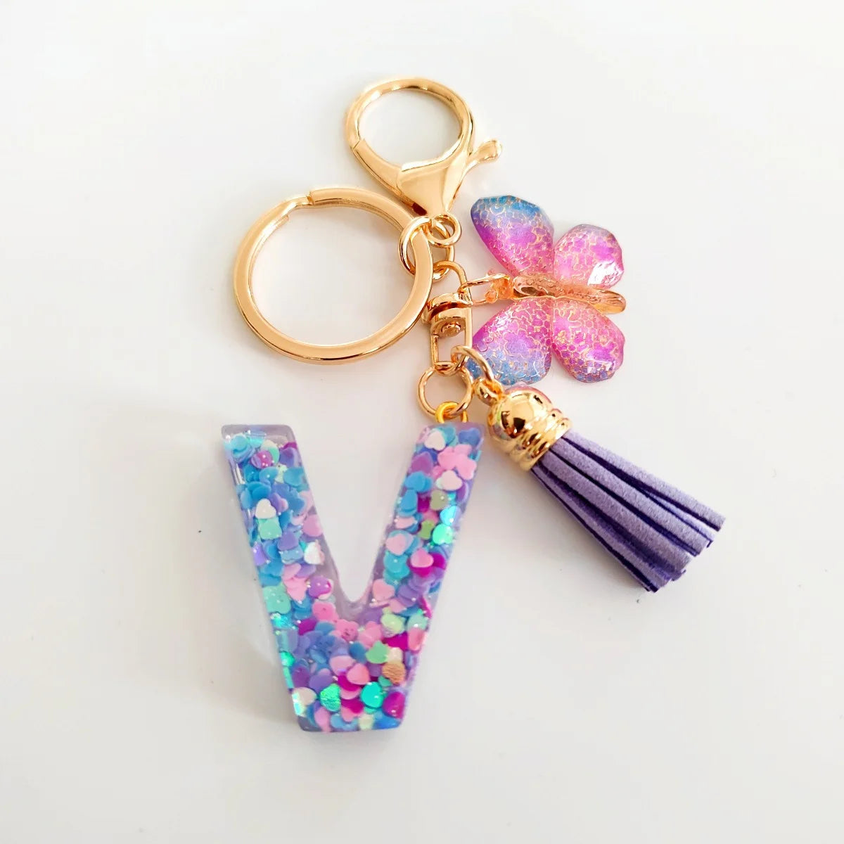 Butterfly Fringe Initial Keychain - Sequin A-Z Letter Bag Charm for Women, Students & Gifts