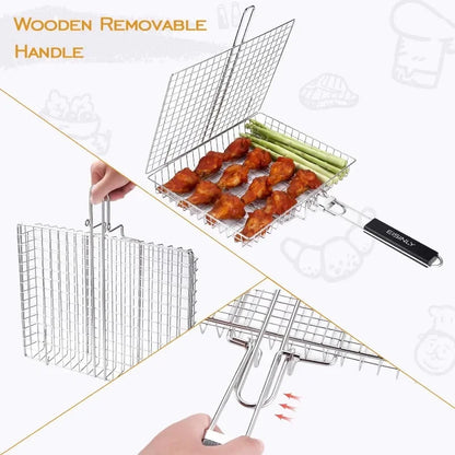 Large Stainless Steel Grill Basket – Folding BBQ Rack for Fish, Portable Outdoor Camping & Cooking Accessories