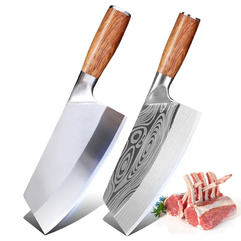 Stainless Steel Cleaver Kitchen Knife – Wooden Handle Utility Knife for Slicing Fish, Vegetables & Meat
